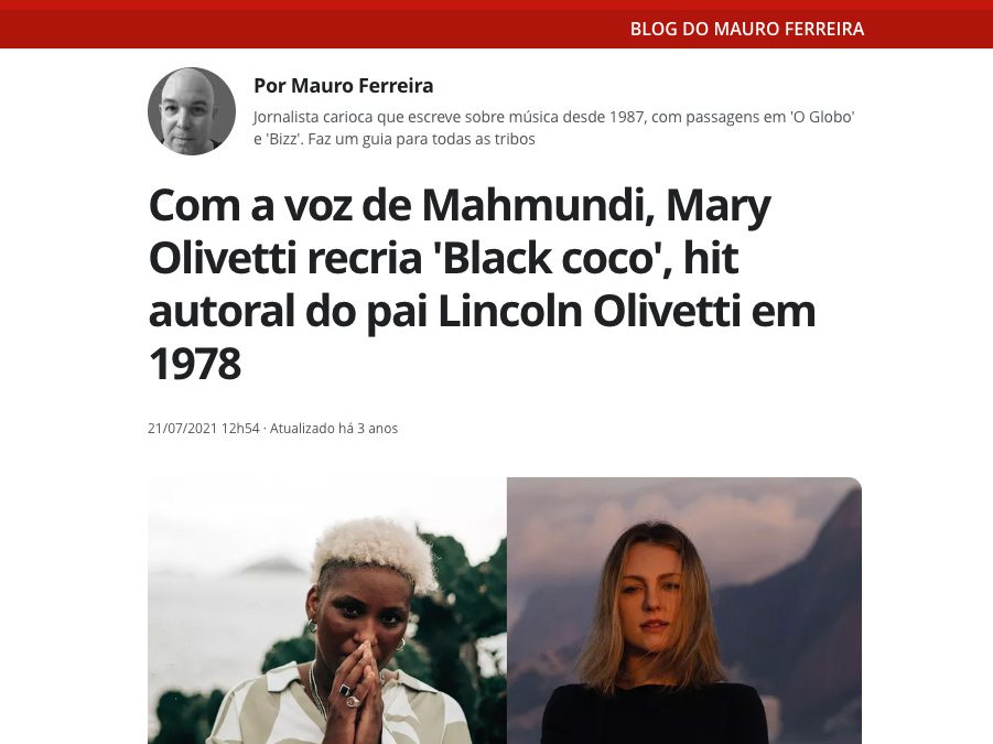 Blog do Mauro Ferreira repercute regravação de Black Coco por Mary Olivetti com participação de Paulinho Guitarra