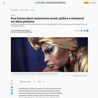 Jornal O Tempo destaca disco póstumo de Elza Soares, com participação de Paulinho Guitarra